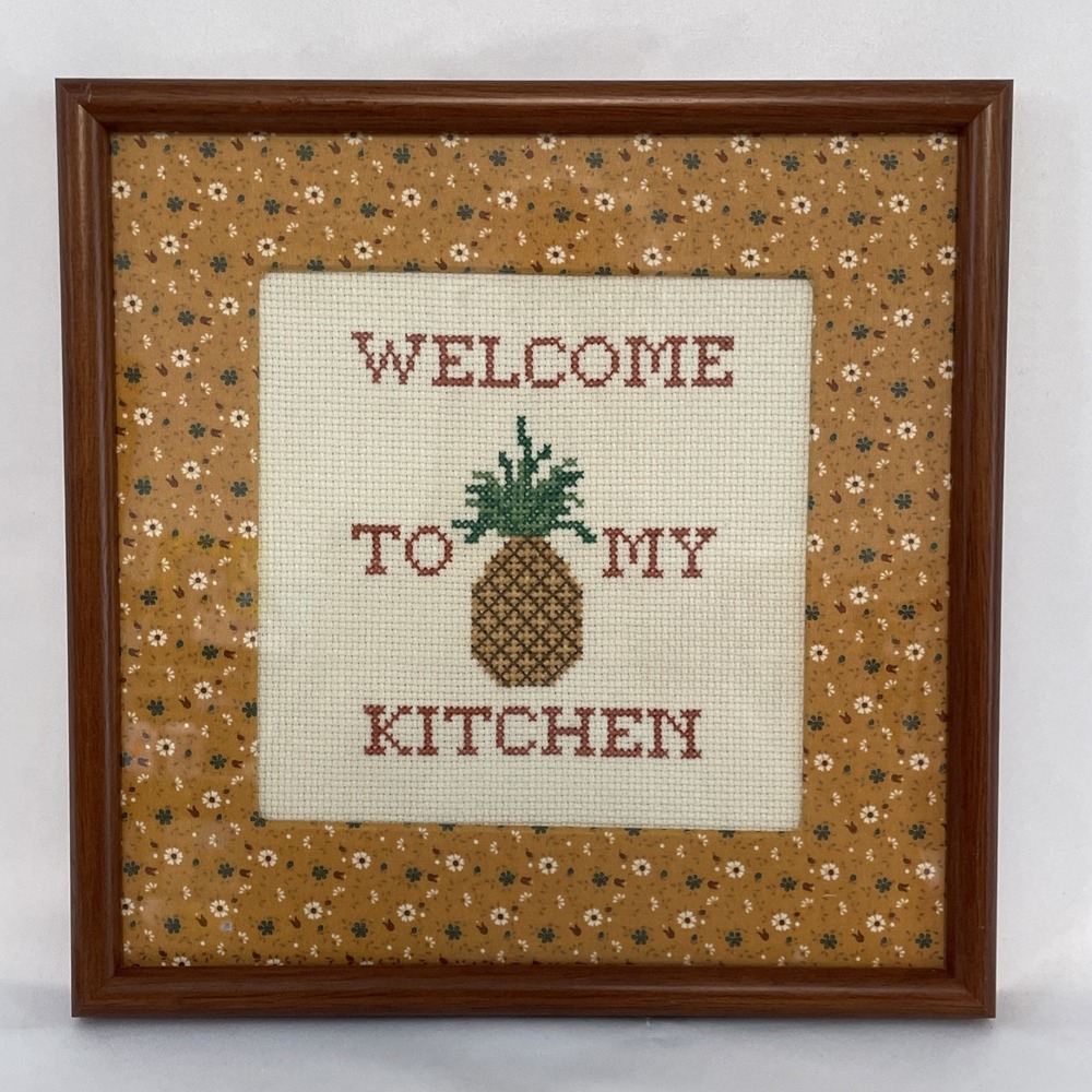 VTG Framed Cross Stitch Welcome To My Kitchen Handmade Country Cottage Farmhouse